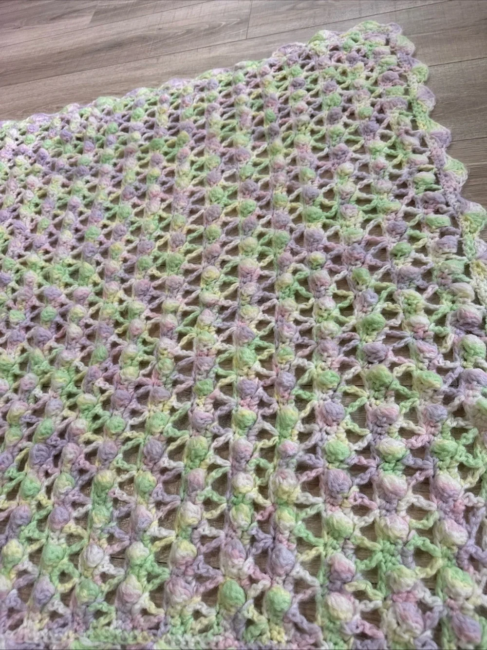 Crocheted Baby Blanket Handmade Soft Pastel Colors Purple Pink Green 37